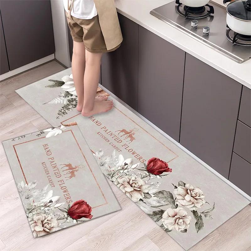 Non-slip Kitchen Carpet Leaves Pattern Rugs for Bedroom Oilproof Home Entrance Door Foot Mat Kitchen Mats for Floor Waterproof