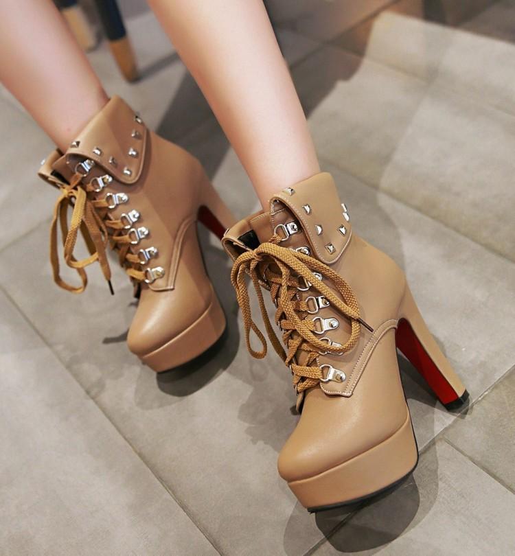 

Осень и зима короткие ботинки толстый каблук супер высокий каблук шнуровка маленький размер 30-50 43 Customized non-refundable абрикосовый