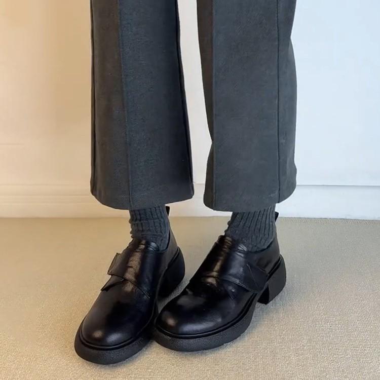 Sheepskin version~ platform loafers Velcro one-pedal small leather shoes commuting versatile leather thick heel single shoes children