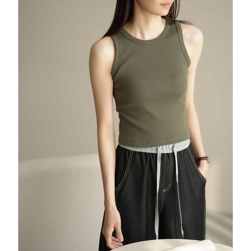 

Spring and Summer Ribbed Crop Top for Women, Slim Fit, Korean Style, Sleeveless Tank Top Army Green Vest M