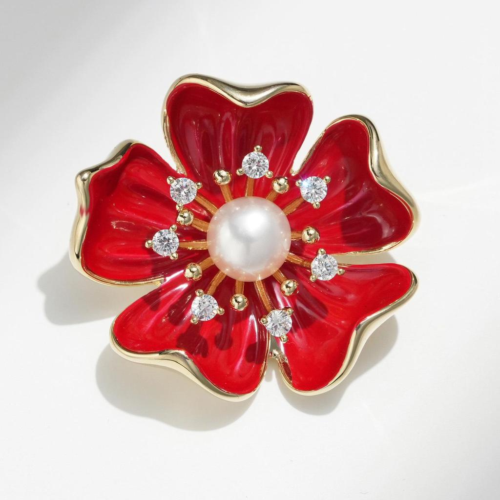 Bo Xin Yun Elegant Red Five-Petal Flower Freshwater Pearl Brooch