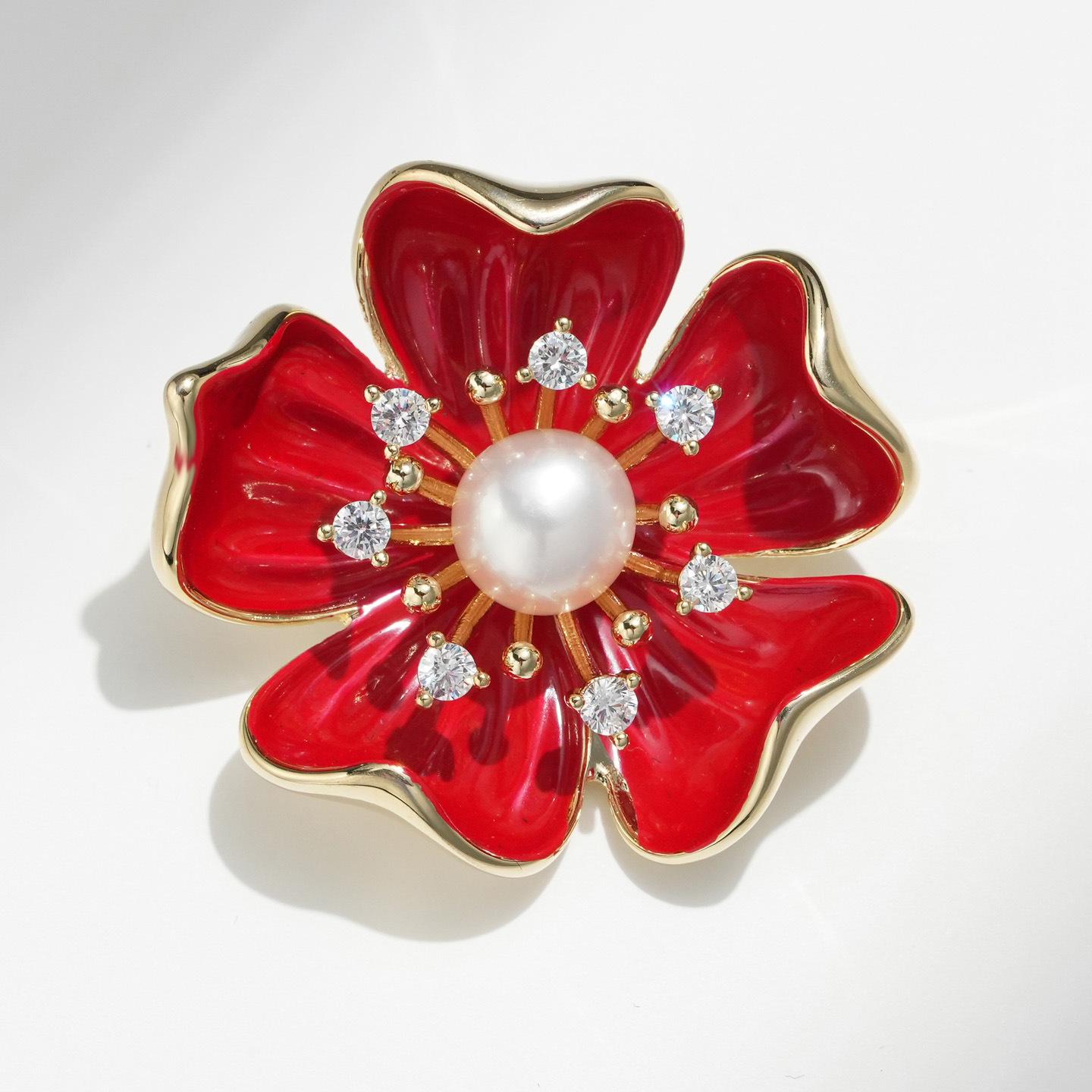 Bo Xin Yun Elegant Red Five-Petal Flower Freshwater Pearl Brooch