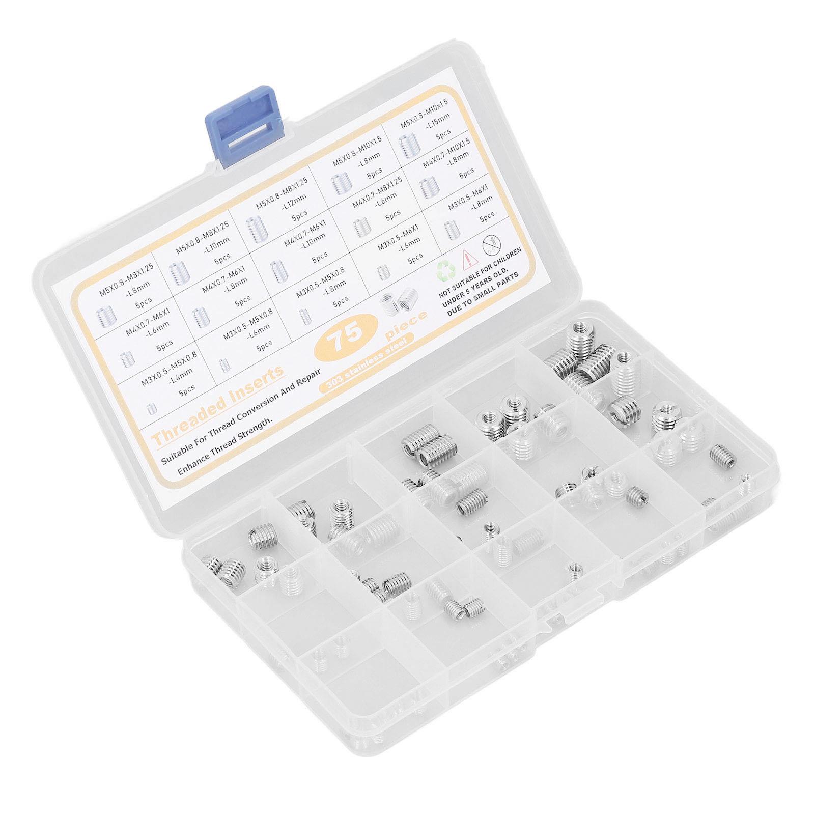 

75PCS Threaded Insert Stainless Steel Silver Wear Resistant M3 M4 M5 Internal Thread Nut Kit