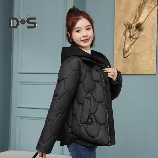 Women Winter Coat Fake Two-piece Zipper Button Closure Padded Hooded Turn-down Collar Pure Color Thin Short Type Down Cotton Filling Jacket