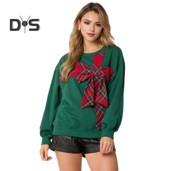 Christmas Hoodie Women O-Neck Long Sleeve Plaid Print Bowknot Decor Sport Tops Loose Fit Casual Pullover Tops