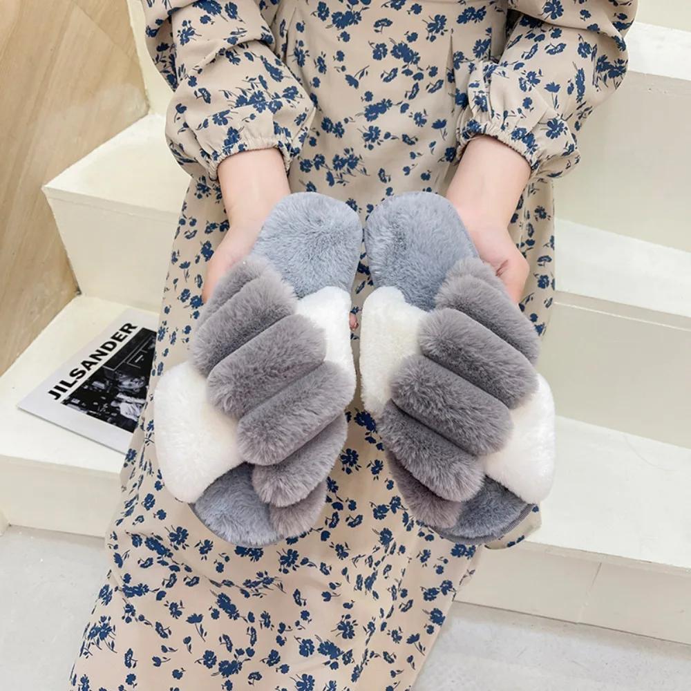 Women Winter House Furry Slippers Fluffy Faux Fur Home Slides Flat Fashion Indoor Floor Shoes Ladies Flip Flops Chaussure Femme