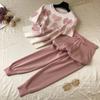Spring Women Short Sleeve Beading Tops Love Printed 2 Piece Set Jogging Pants Casual Suit