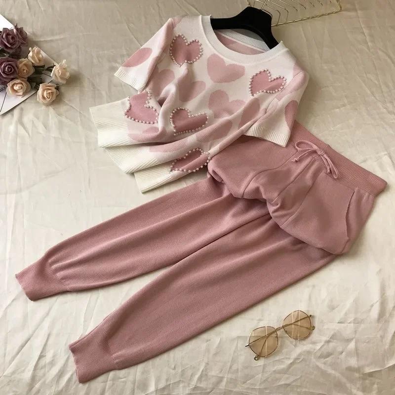 Spring Women Short Sleeve Beading Tops Love Printed 2 Piece Set Jogging Pants Casual Suit
