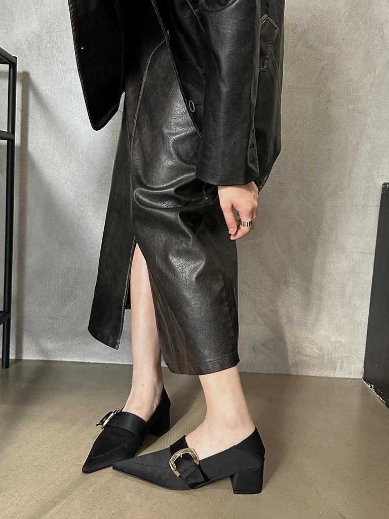fashion Pointed Toe Women Pumps Shallow Slip On Flat Mid Heeled Belt Buckle Slip On Thick Heels Flcok/PU/Lycra Office Pumps Shoes 35-39