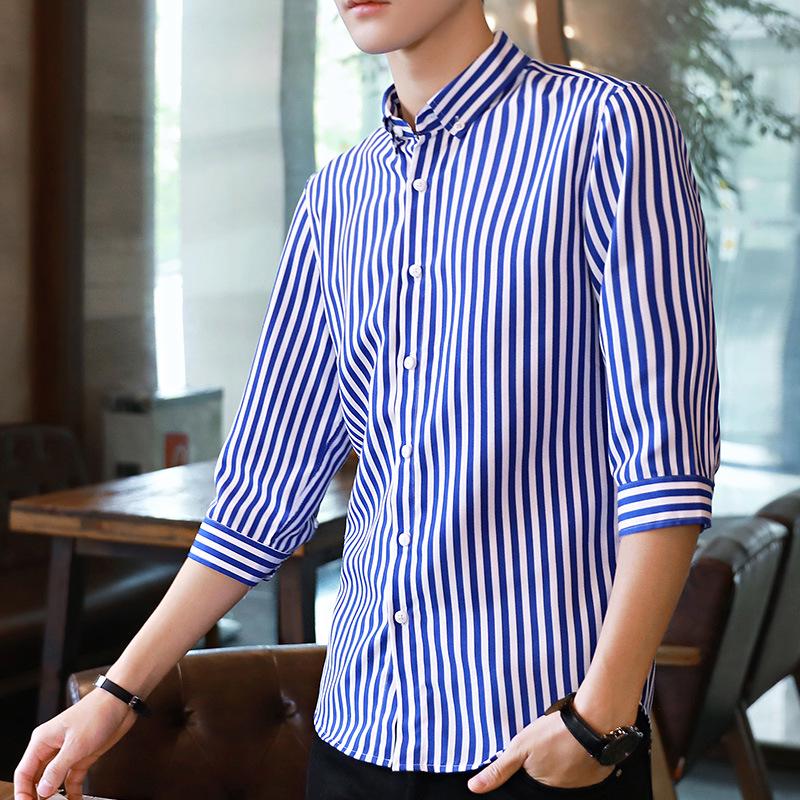 Men's Slim-Fit Striped Shirt: Japanese Style, Seven-Sleeve, Urban Casual for Spring and Autumn