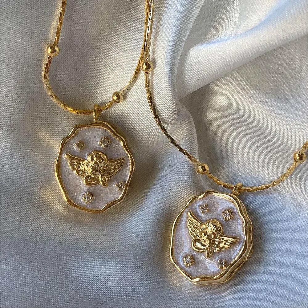 Vintage White Shell Angel Openable Photo Frame Pendant Necklace for Women Waterproof Zircon Choker Fashion Chic Jewelry