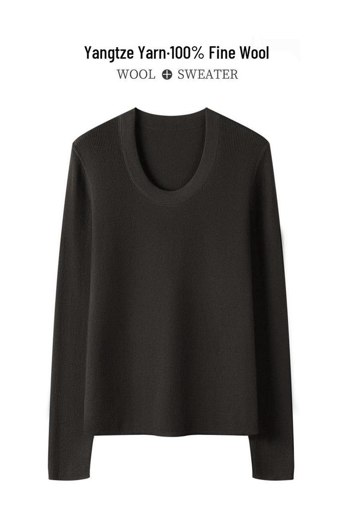 Autumn/Winter U-Neck Wool Sweater for Women - Slimming Knitted Base Layer Top