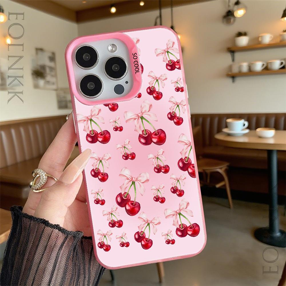Cherry and Bow Pattern Shockproof Phone Case for Iphone 16 15 14 13 12 11 Pro Max/Mini Anti-Scratch Premium Hard Cover