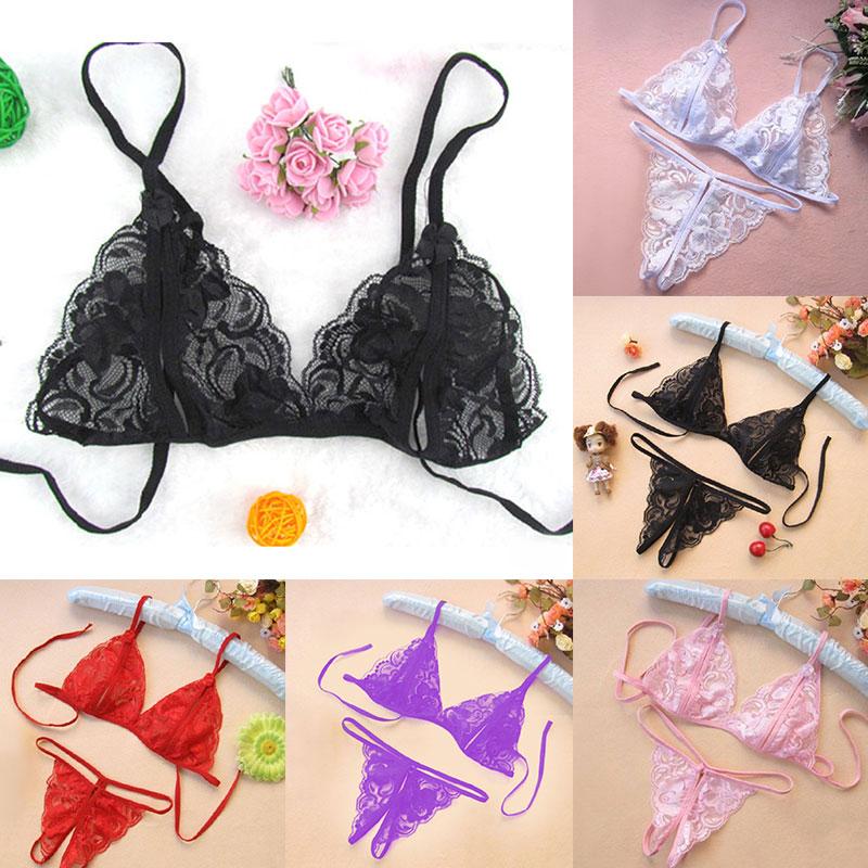 Crotchless Lace Bikini Three Point Female Lingerie Babydoll See Through Glamour Bra+Underwear Sexy Glamour Underwear Set