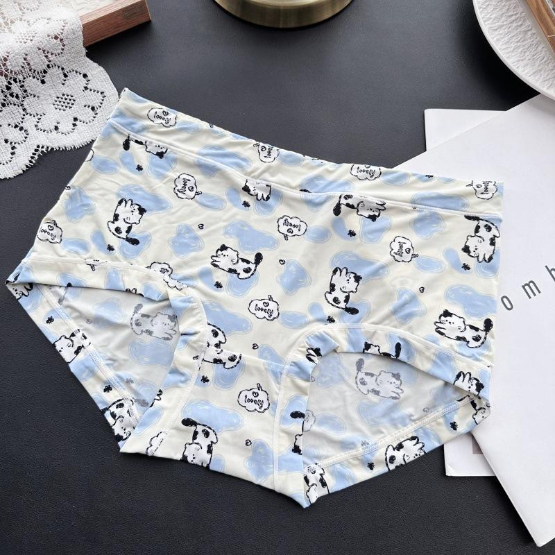 Plus Size Ladies Spring and Summer Lovely Printed Ice Silk High Waist Underwear