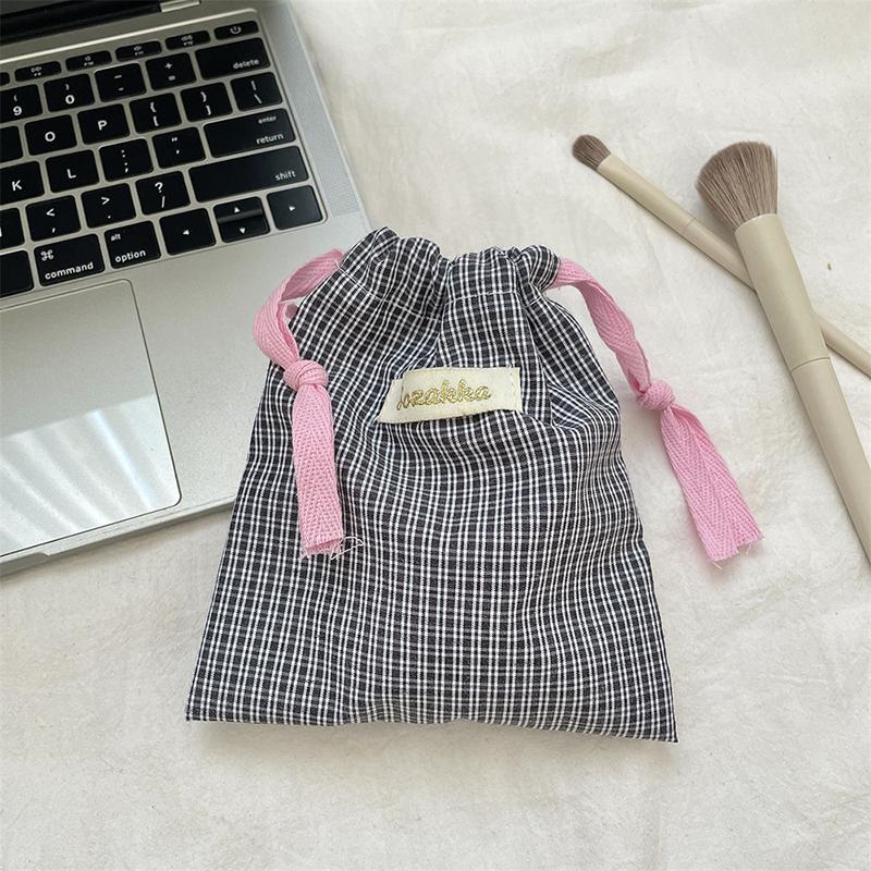 Checkered Pattern Lipstick Makeup Bag With Drawstring Simple Jewelry Handbag Large Capacity Storage Pouch