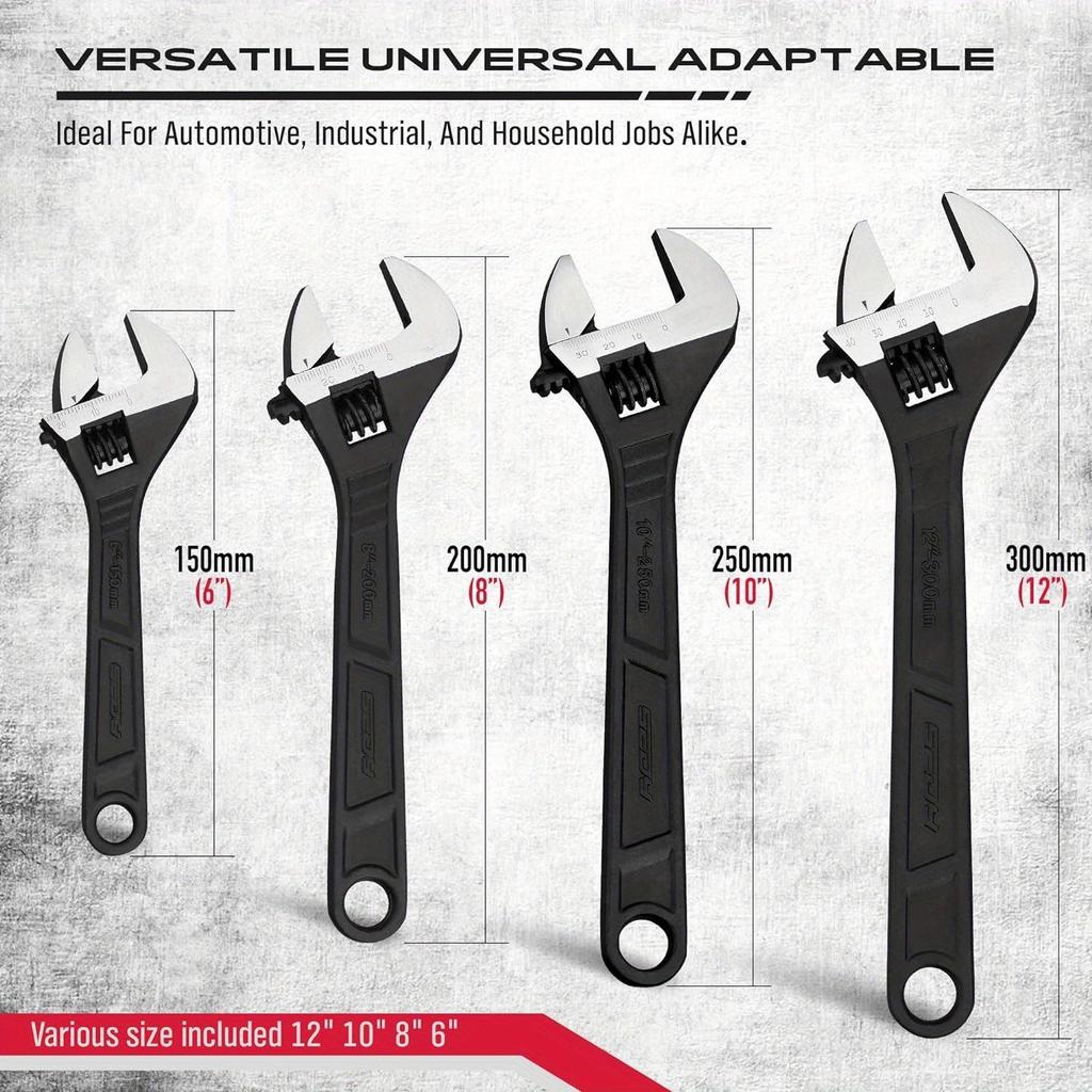 4pcs Adjustable Wrench Set Wrenches Sets: 6, 8, 10, 12 Inch Chrome Vanadium Steel for Automotive Plumbing and Household Repairs