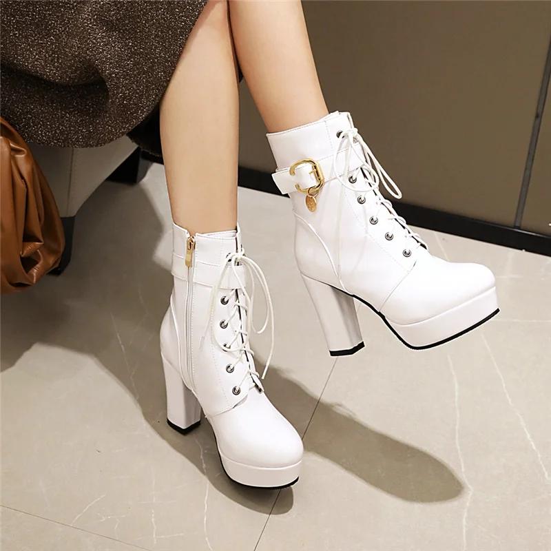 Lace Up Women‘s Ankle Boots Platform Fashion Heels Short Boot Female Leather Black Red White Fetish Party Dance Shoes Large Size