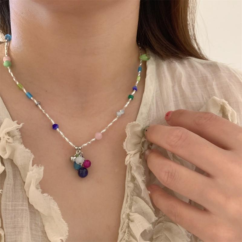 Handmade Korean Style Colorblock Cat Eye Bead Necklace Women Layered Sweet Minimalist Choker Chain