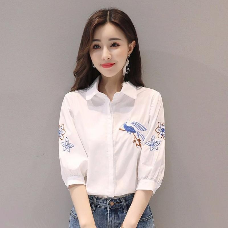 Embroidered Summer Five-point Sleeve Shirt Literary Women Temperament Lapel Casual Tops