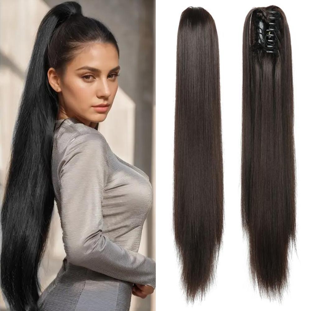 MISS WIG 22 Inch Synthetic Long Straight Ponytail  Extensions Fluffy Natural Claw Clip Ponytail For Women Daily Wear