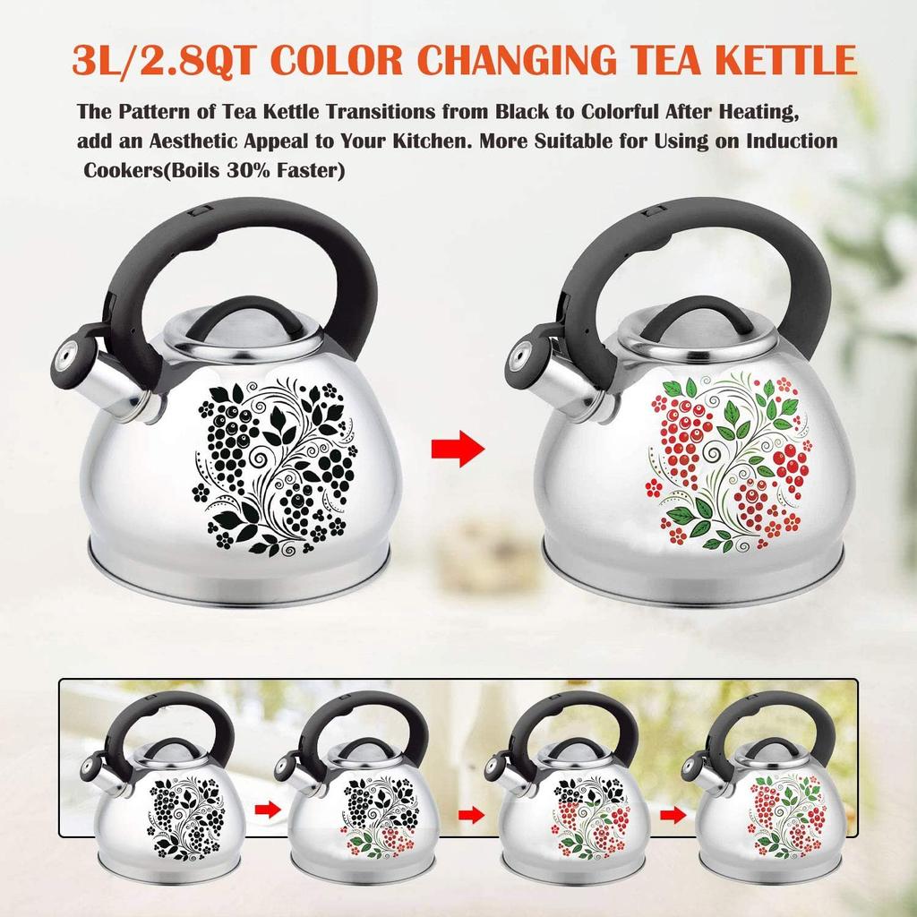Tea Kettle for Stovetop Whistling Teakettle Tea Pot -3L Food Grade 304 Stainless Steel Color Changing Stove Top Teapot with Cool Handle,Loud Whistle