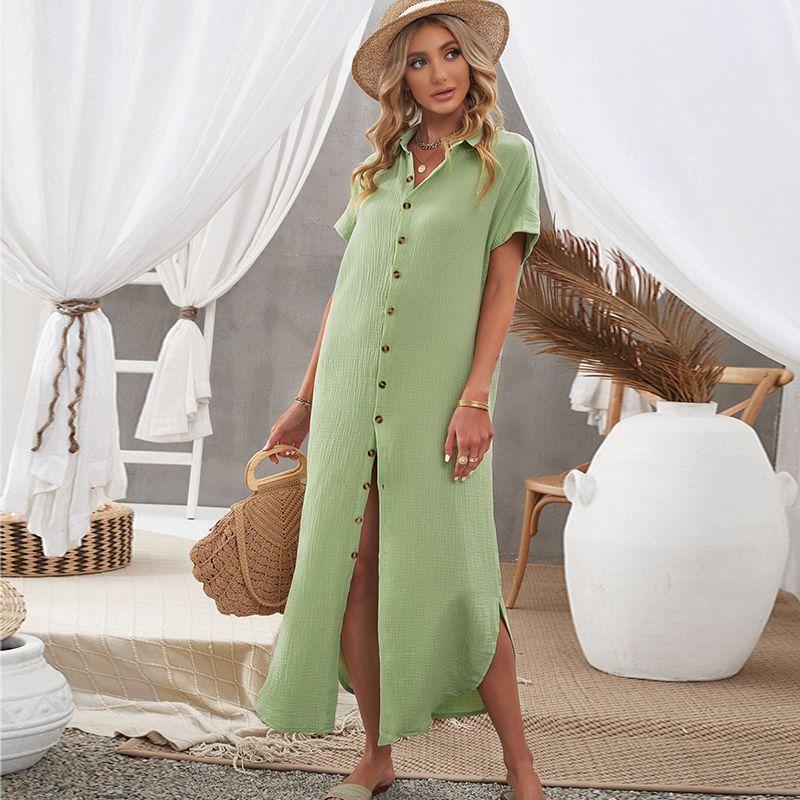

Fashion Summer New Arrival Single-Breasted Short Sleeve Dress Green Size XS fit (35.00 kg-45.00 kg
