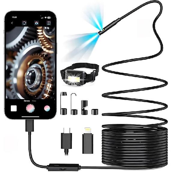 iPhone Endoscopy Camera with Lights,Dual Lens,1920P,16.5ft Semi-Rigid Serpentine Cable IP67,Borescope Camera with 8+1 LED Lights for iPhone and PEM002