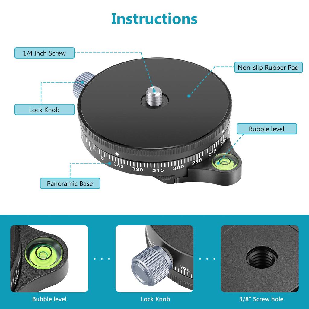 NEEWER Tête de Trépied Panoramique à Rotule en Alliage d'Aluminium pour Appareil Photo avec Niveau à Bulle Compatible avec reflex numérique Capacité de Poids lbs Base, Vis 3/8", Niveau,