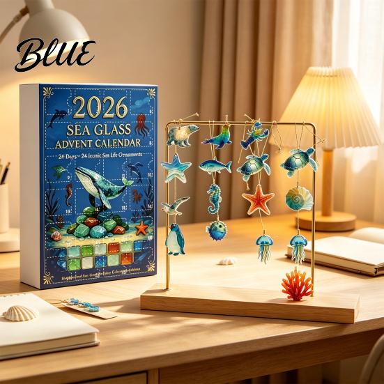 Acrylic Sea Life Decorations Advent Calendar 2026 2D Christmas Countdown Box with Ocean Themed Animal Pendants Festive Tree Hanging Decor,