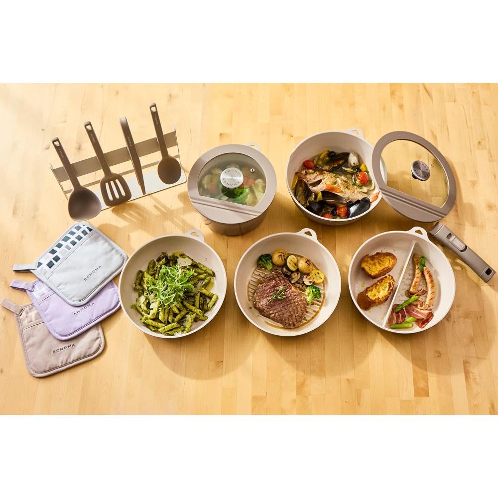 LIV PLUS Frying PanGrill Pan 24cm, IHGas Stove Compatible, Ceramic, Greige, LV-0364, SONOMA