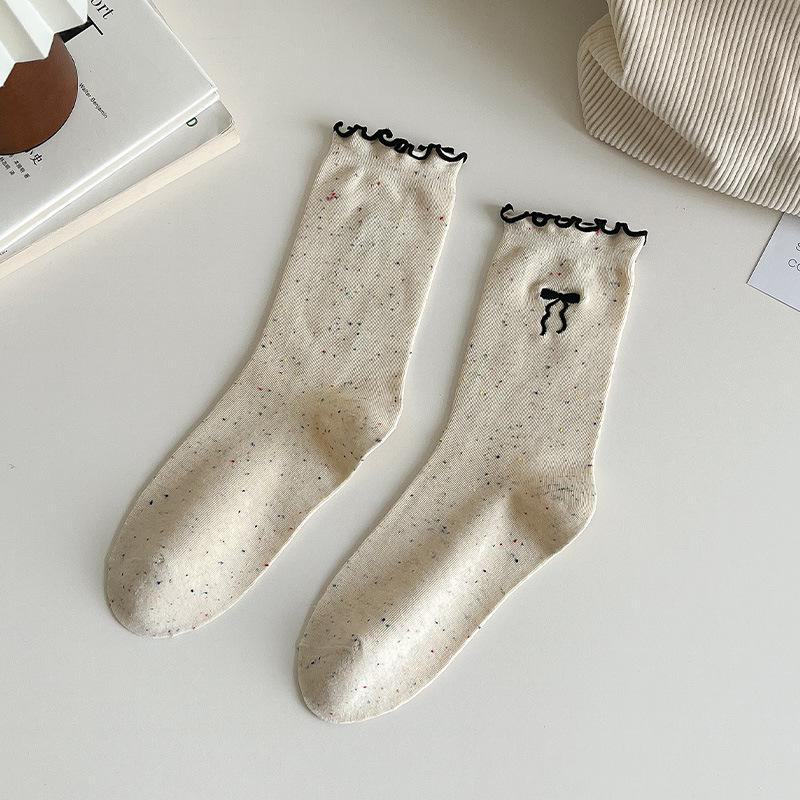 Women's autumn bowknot lace ruffle socks - dot pattern cotton long socks