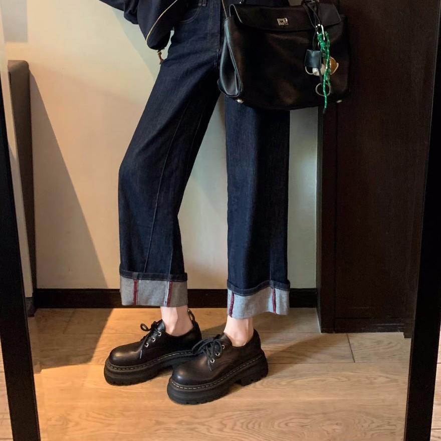 Schafsleder-Version~ Britische Schnürschuhe mit erhöhtem dickem Absatz und dicker Sohle Derby Einzelne Schuhe kleine Lederschuhe Damen Leder Muffin Loafer