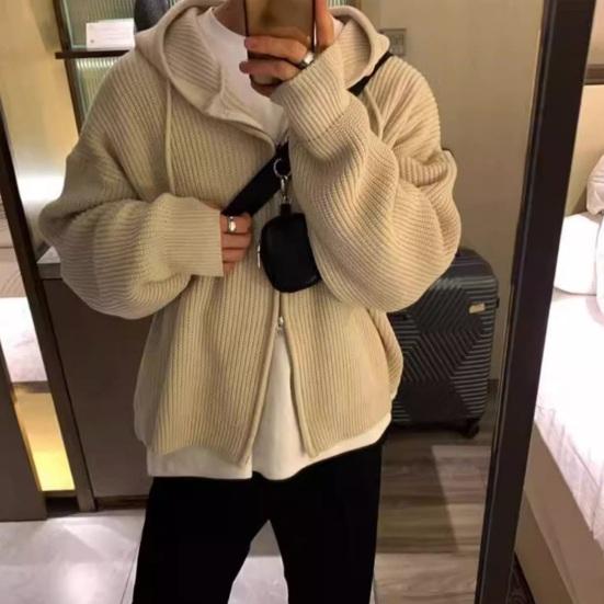 Men Fall Winter Sweater Coat Hooded Drawstring Loose Zipper Closure Long Sleeves Drawstring Mid Length Solid Color Retro Knitted Jacket