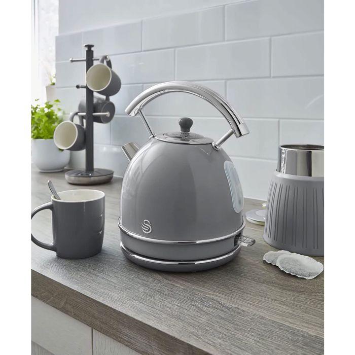 Retro bouilloire, 1,8 l, acier inoxydable sans bpa, résistance cachée, sans fil swan sk14630grneu 3000w gris