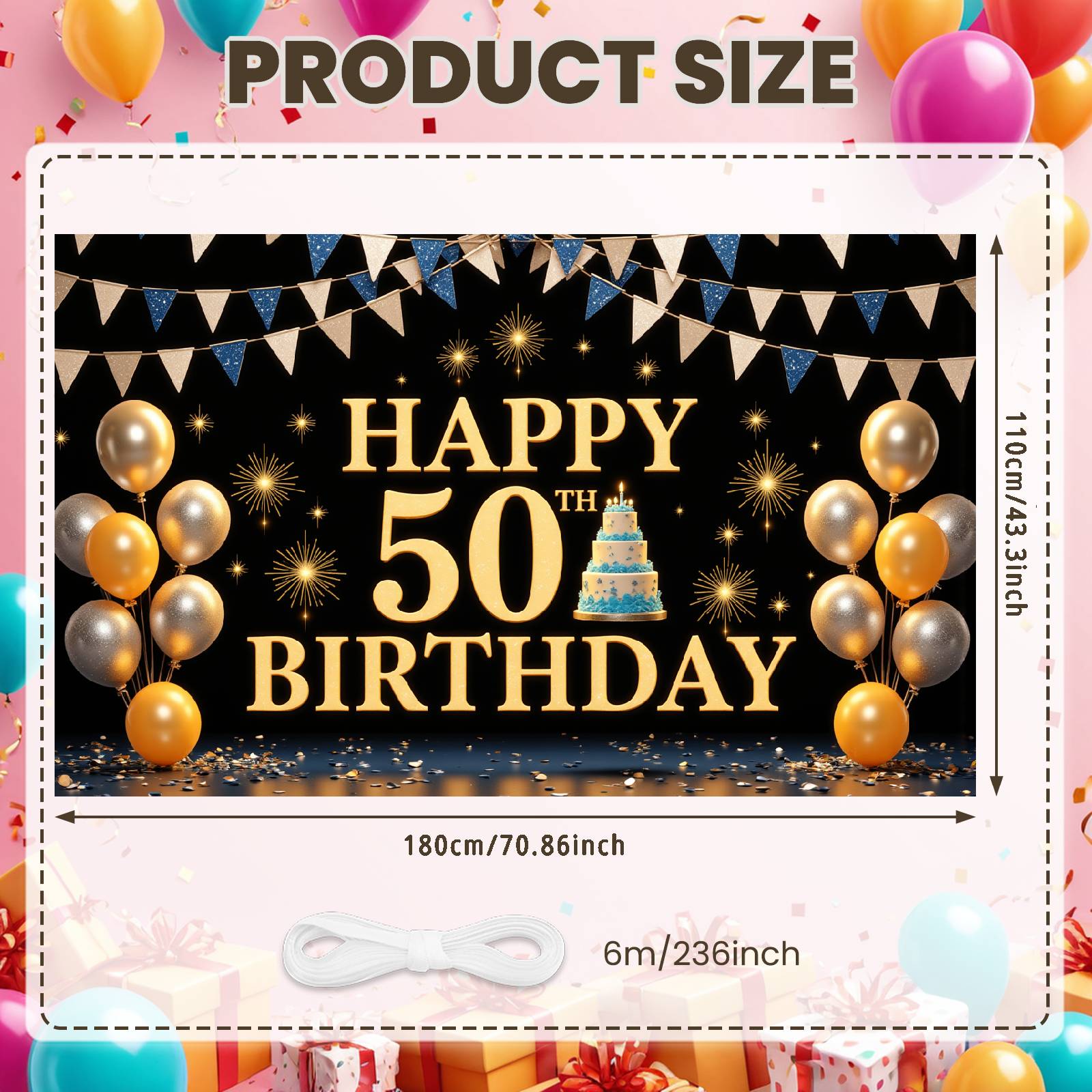 50th Celebration Display Triangular Bunting Golden Birthday Banner Birthday Celebration Banner Golden Glitter For Hotel