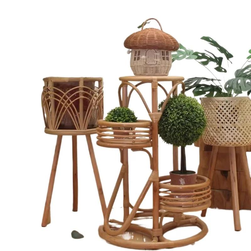 Indonesian Rattan Flower Rack Living Room Sofa Shelf Corner Plant Storage Stand Balcony Flowerpot Holder Elegant Storage Decor