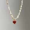 Collana Pendente da Donna Romantico Cuore Rosso d'Amore Cristallo Lucido Perla d'Acqua Dolce Naturale Irregolare Placcata Oro 14K Regali