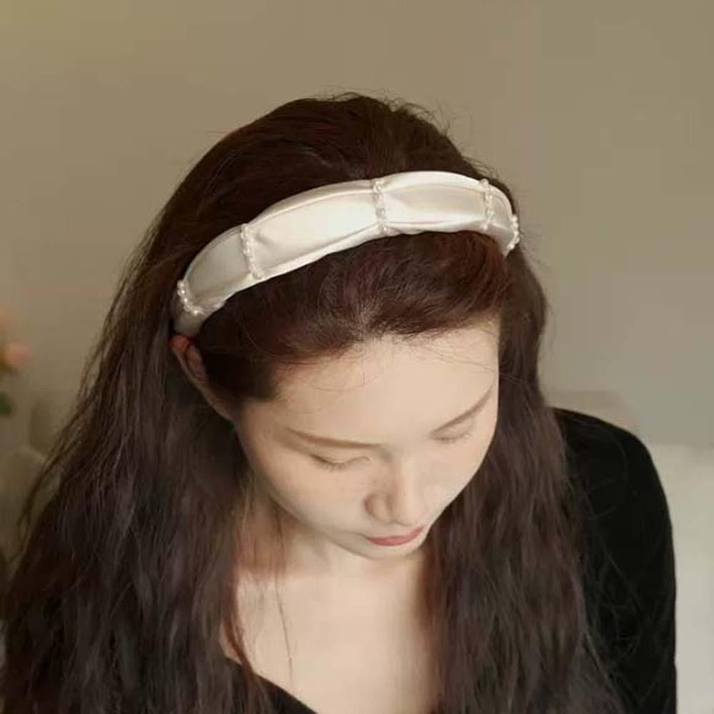 French Style Pearls Cloth Hair Hoop Sweet Beige Blue Hair Band Beads Crystal Headband Women