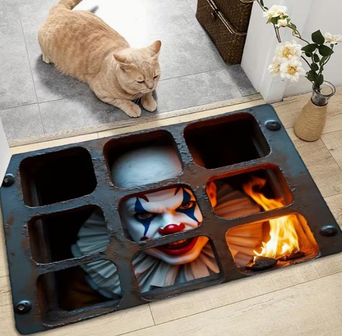 1pc Clown Face Behind Metal Grate with a Burning Fire Door Mat, Non-Slip And Rug Suitable Front Door, Hallway, Kitchen, Bathroom