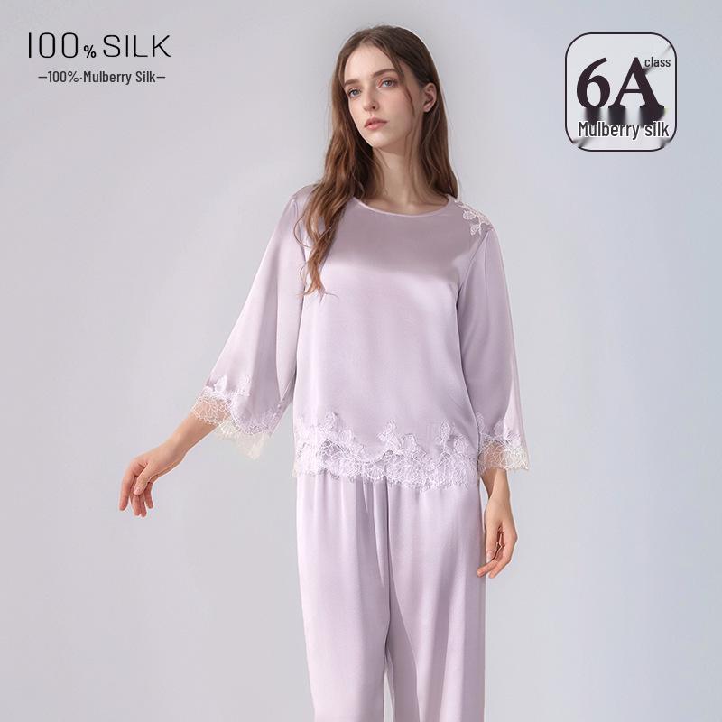 

Женский пижамный комплект из 100% шелка-тусса, весна/лето 2026 - с круглым вырезом, 19 момми XL (57.5-65 kg)