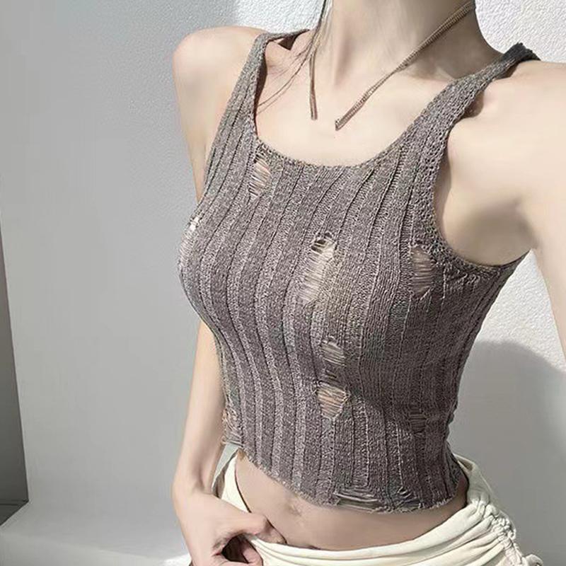 American Hot Girls Sexy Hollow Ripped U-Neck Sleeveless Solid Color Slim Knitted Vest