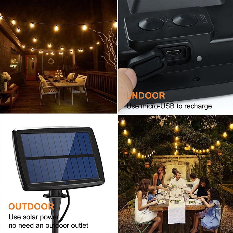 Solar LED S14 String Lights - Choose 12, 15, or 20 Lights - Fine Wire, Flat Head Plastic Bulbs, Outdoor Waterproof Decoration.
