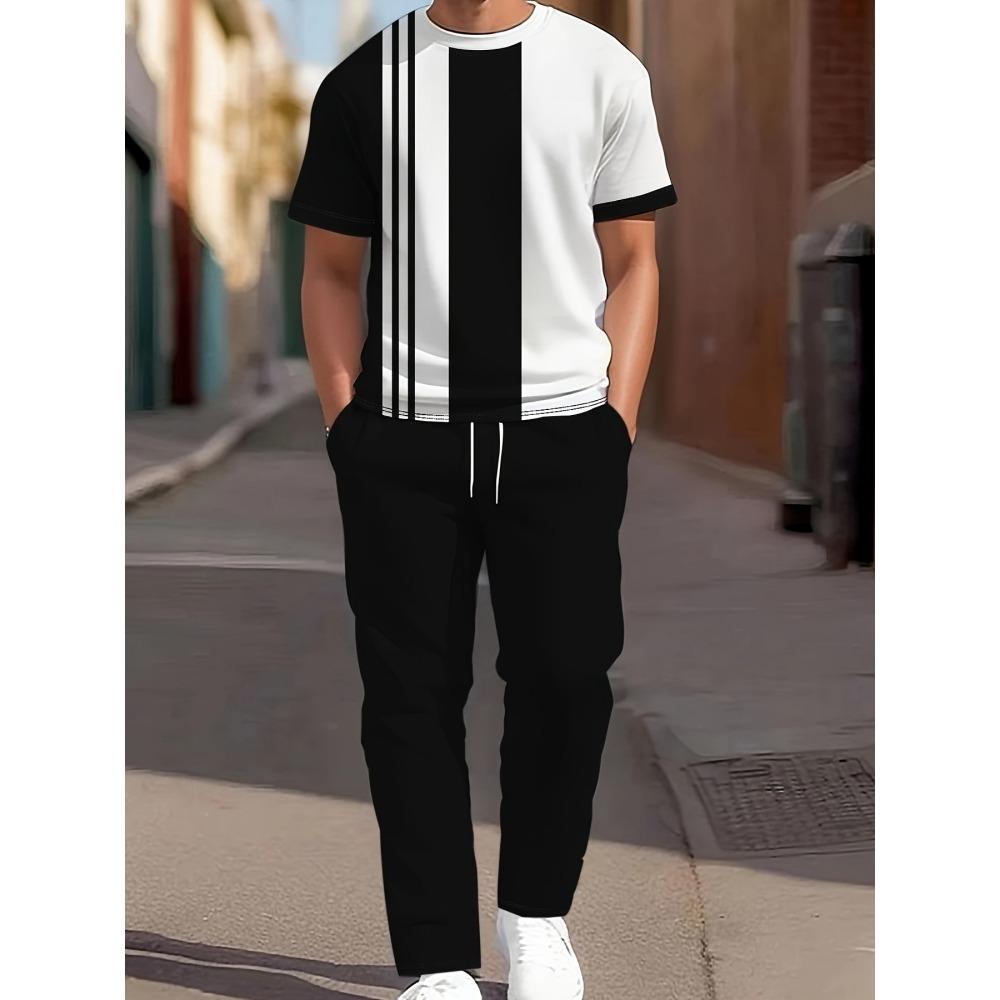 3D Navy Anchor Pattern Men's Set Summer Crew Neck Short Sleeve Shirt With Casual Trousers Two-Piece Set Casual Men's Set
