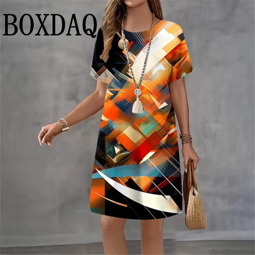 3D Abstract Print Dress Women 2026 New Summer Fashion Short Sleeve Loose Dress Casual O-Neck Ladies Short Dress