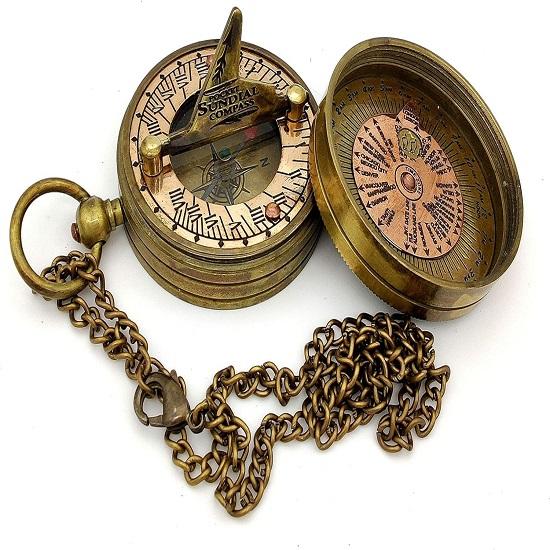 Pocket Sundial Compass, Both Side Handwork On The Sundial Bird with Wooden Box.