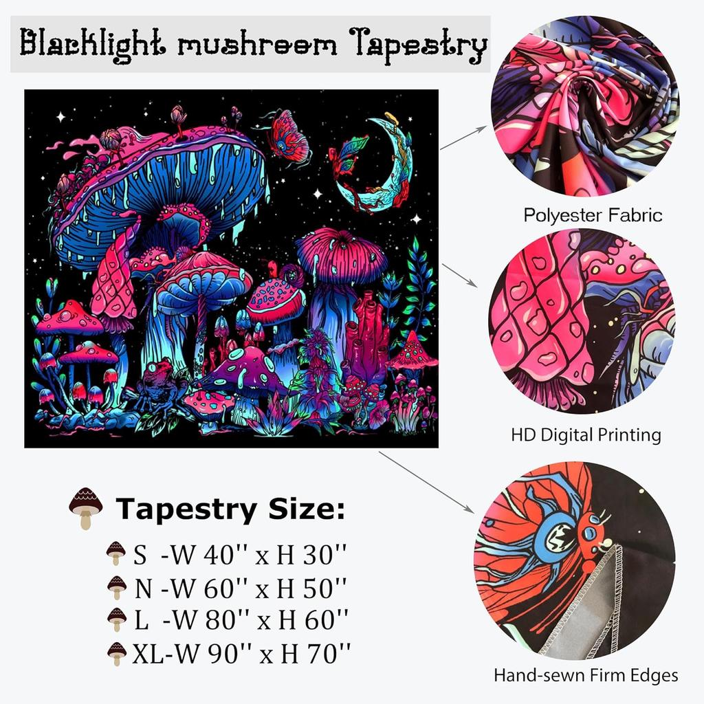 TUGCAY Blacklight Mushroom Tapestry, Glow In The Dark Tapestry Black Light Plant Fantasy UV Reactive Mushroom Butterfly Moon Tapestries Posters Wall