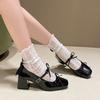 Temperament round head bow word with Mary Jane shoes women's 2025 spring light mouth thick heel single shoes silver small leather shoes