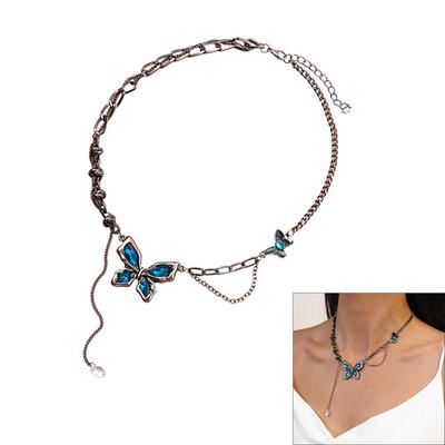 Antique Style Alloy Necklace Clavicle Chain Featuring Delicate Glass Butterfly Charm for Casual Party Evening Wear