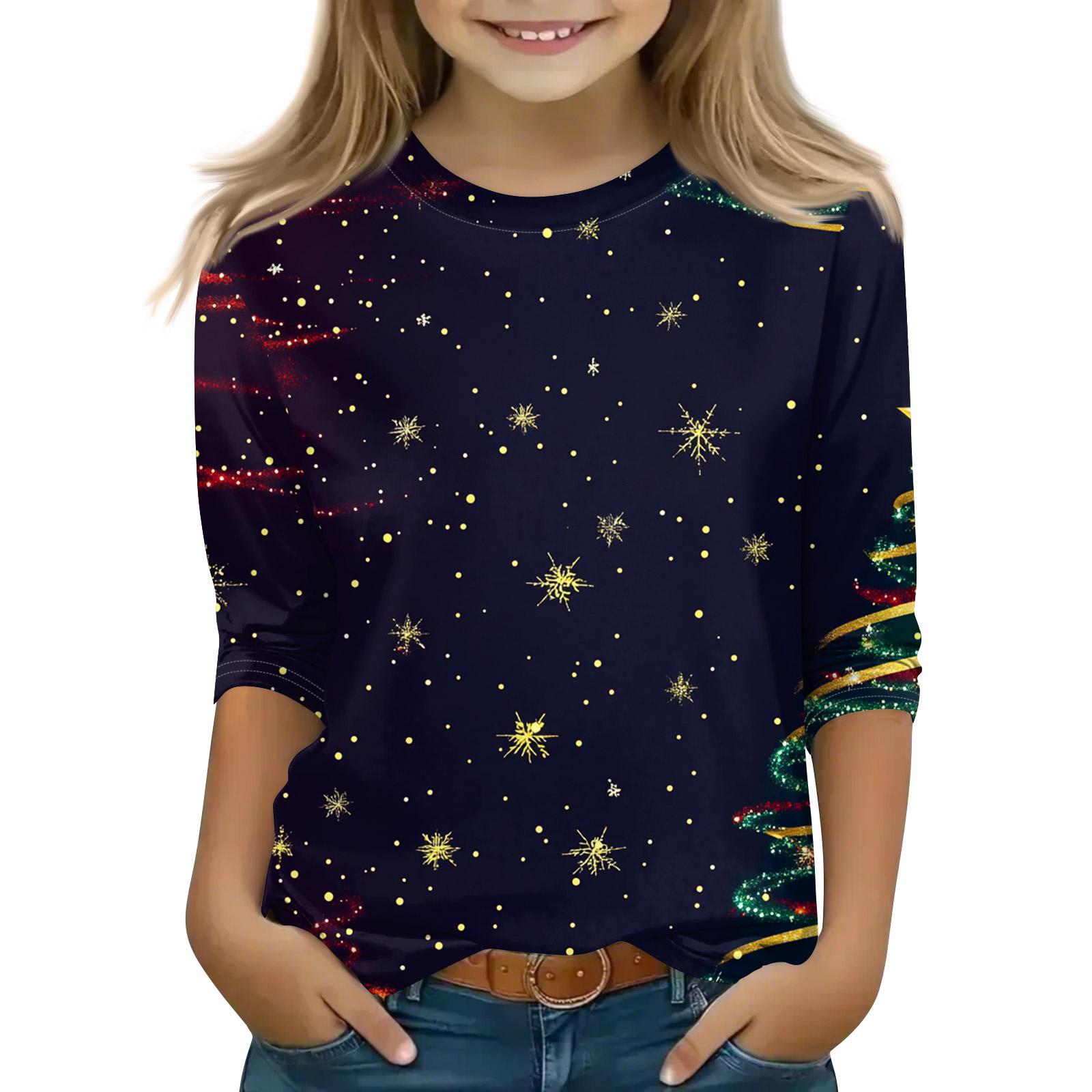 

Рождественские топы с принтом для девочек-подростков 5-16 лет, футболки с круглым вырезом и рукавами 3/4, модные топы, нарядные футболки 160 чёрный